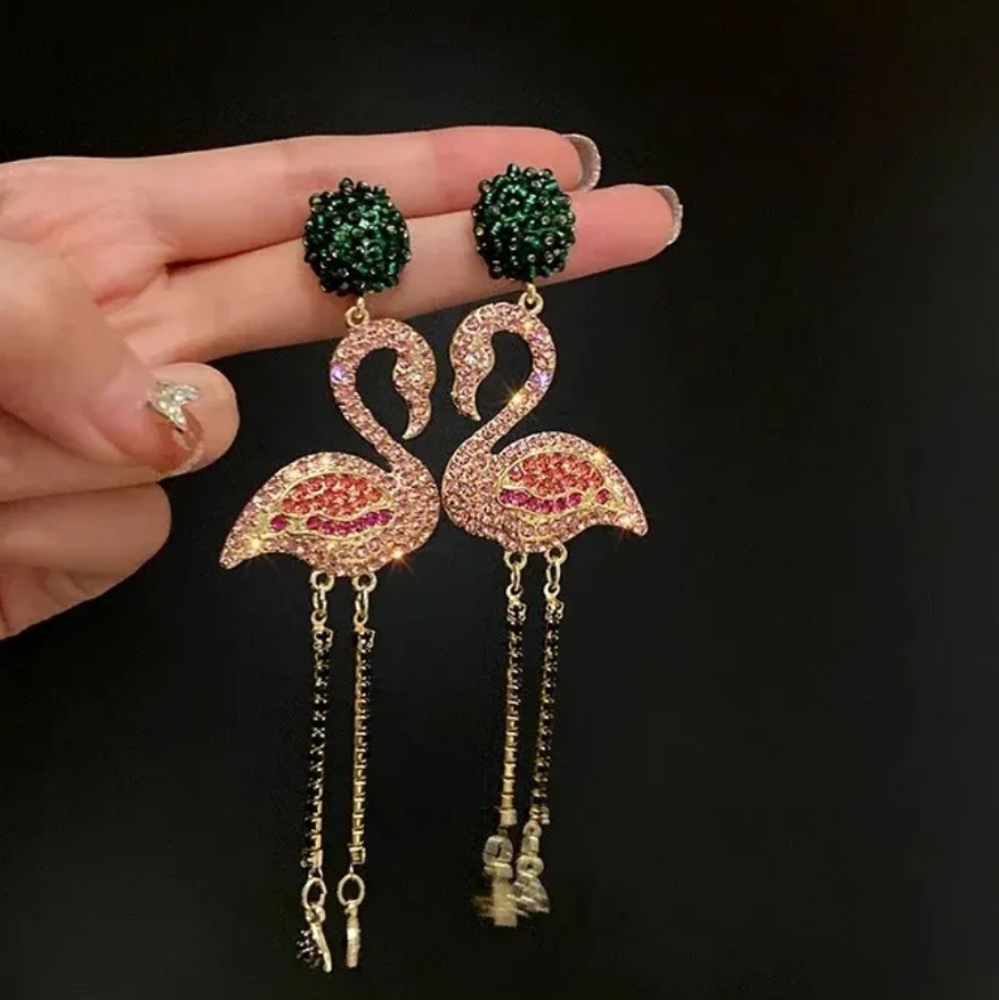 Flamingo Sequin  Gold Toned Earrings